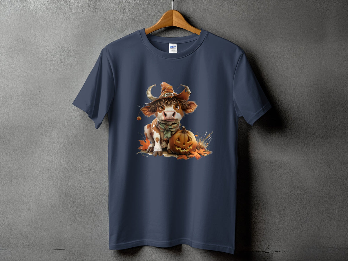 T-shirt with a Halloween cow wearing a witch hat and scarf, next to a jack-o'-lantern.
