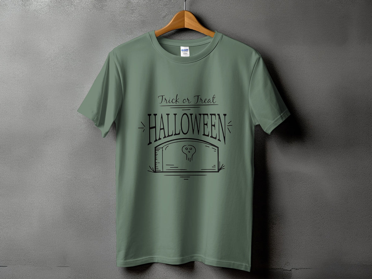 Green t-shirt with "Trick or Treat Halloween" text and a tombstone graphic.