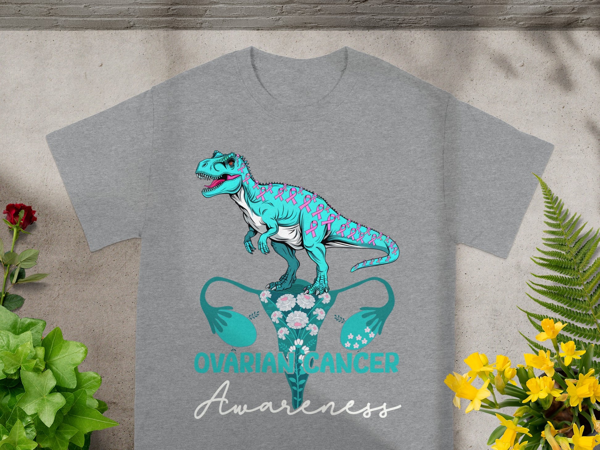 Ovarian Cancer Awareness Dinosaur Graphic Tee