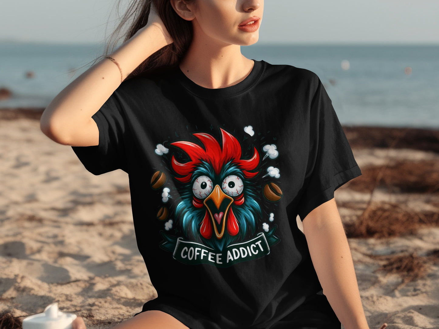 Coffee Addict Crazy Rooster Graphic T-Shirt