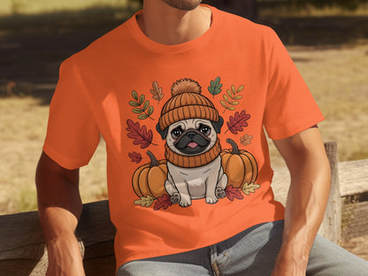 Cute Pug in Autumn Leaves and Pumpkins T-Shirt