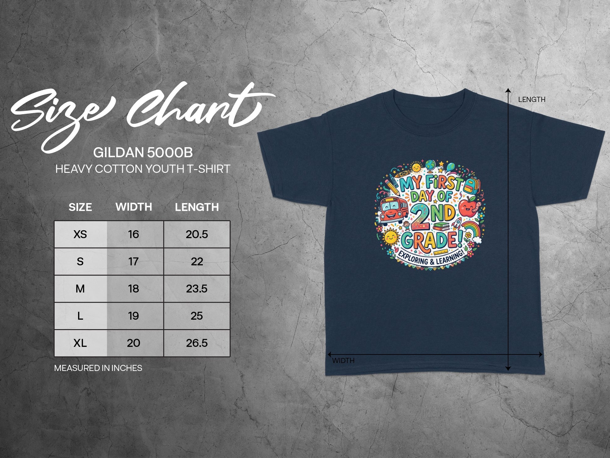 Gildan 5000B youth t-shirt size chart with width and length measurements.
