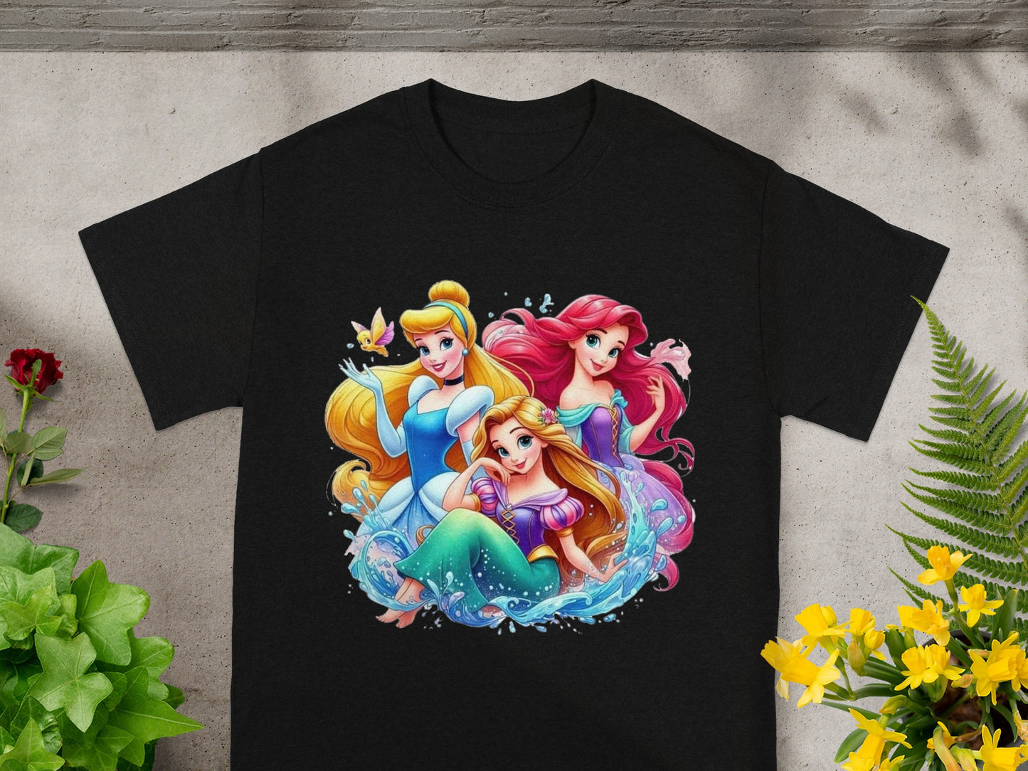 Black t-shirt with Ariel, Belle, and Cinderella from Disney princesses.
