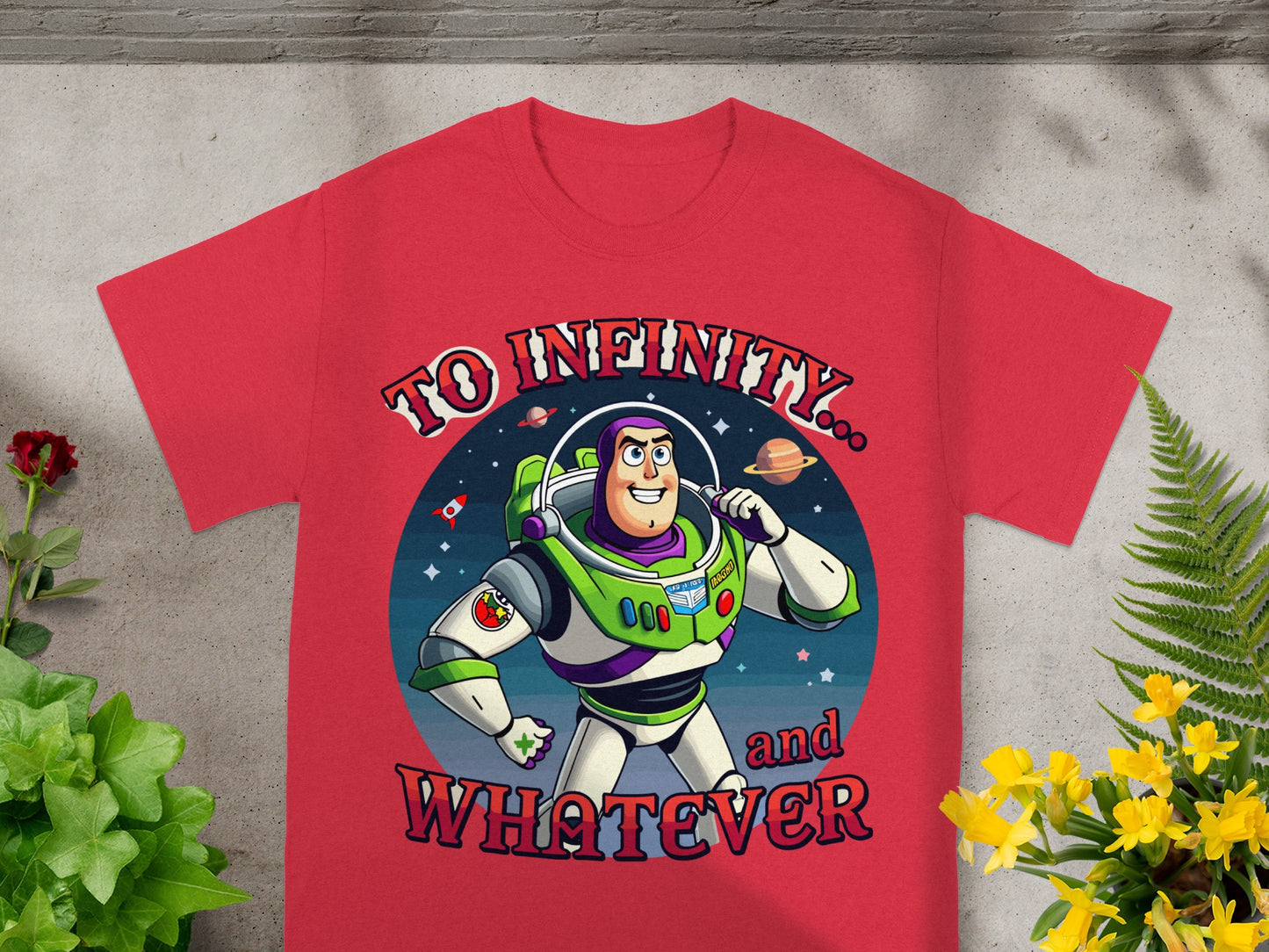 Red t-shirt with Buzz Lightyear and text "To Infinity... and WHATEVER".