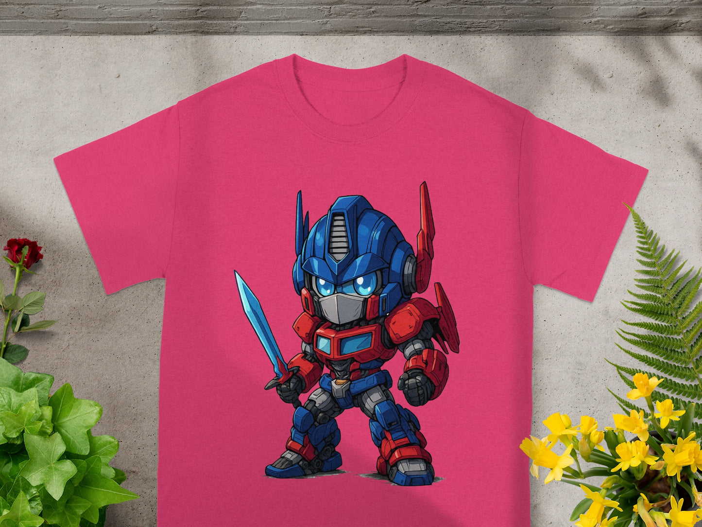 Chibi Optimus Prime t-shirt graphic with sword.