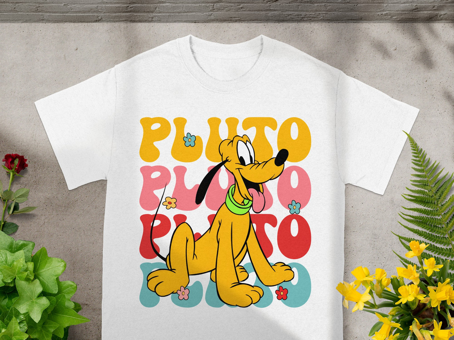 White t-shirt with Pluto cartoon character and "Pluto" text.