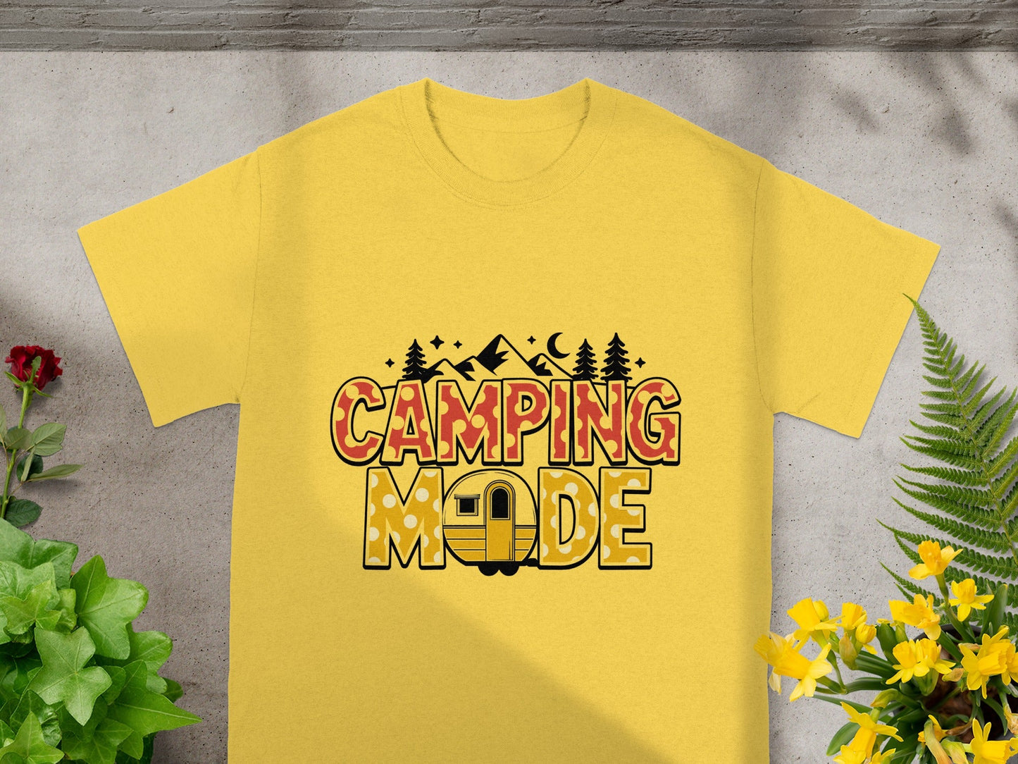 Camping Mode Graphic Tee with Nature and Caravan Design