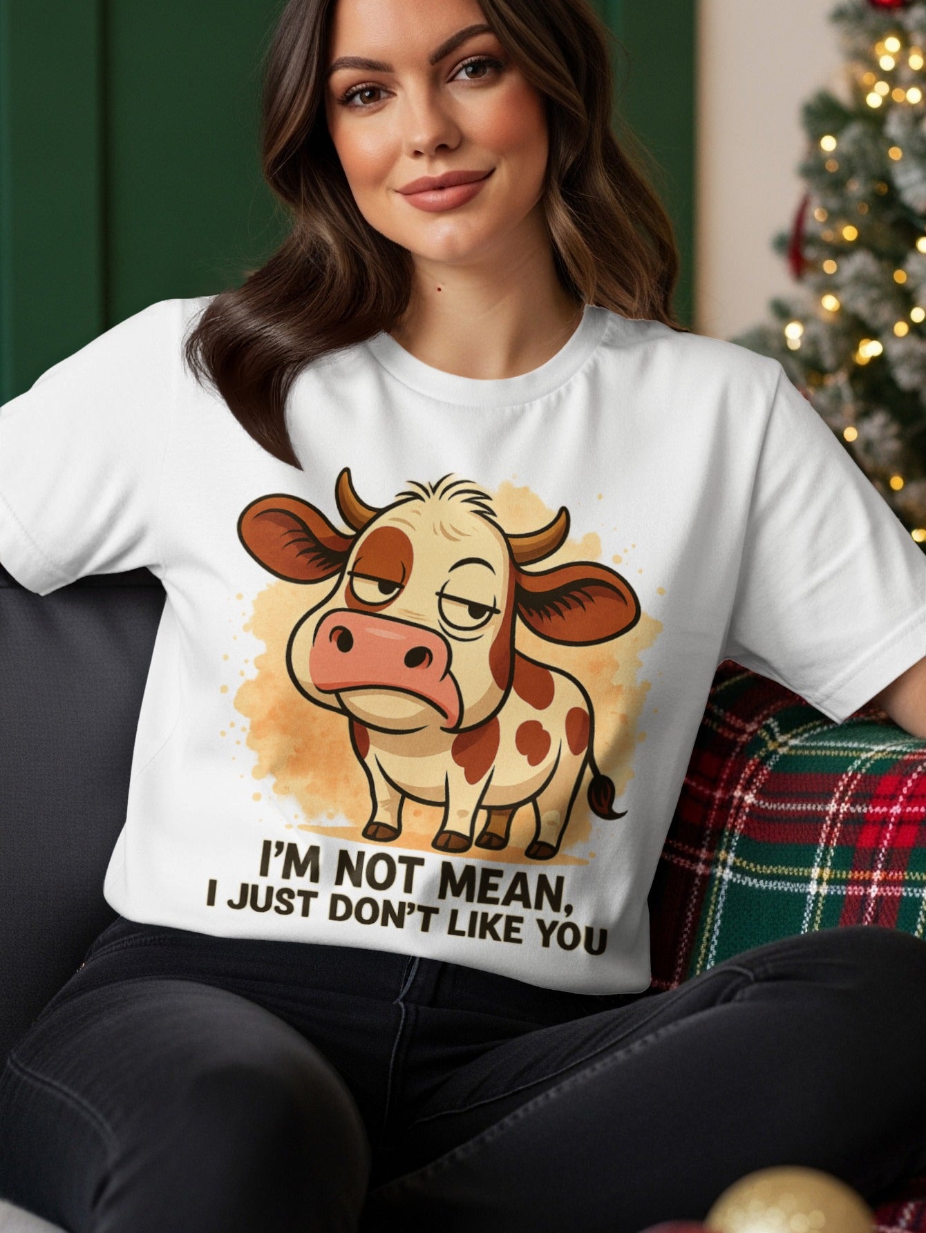 White t-shirt with grumpy cartoon cow and text "I'M NOT MEAN, I JUST DON'T LIKE YOU".