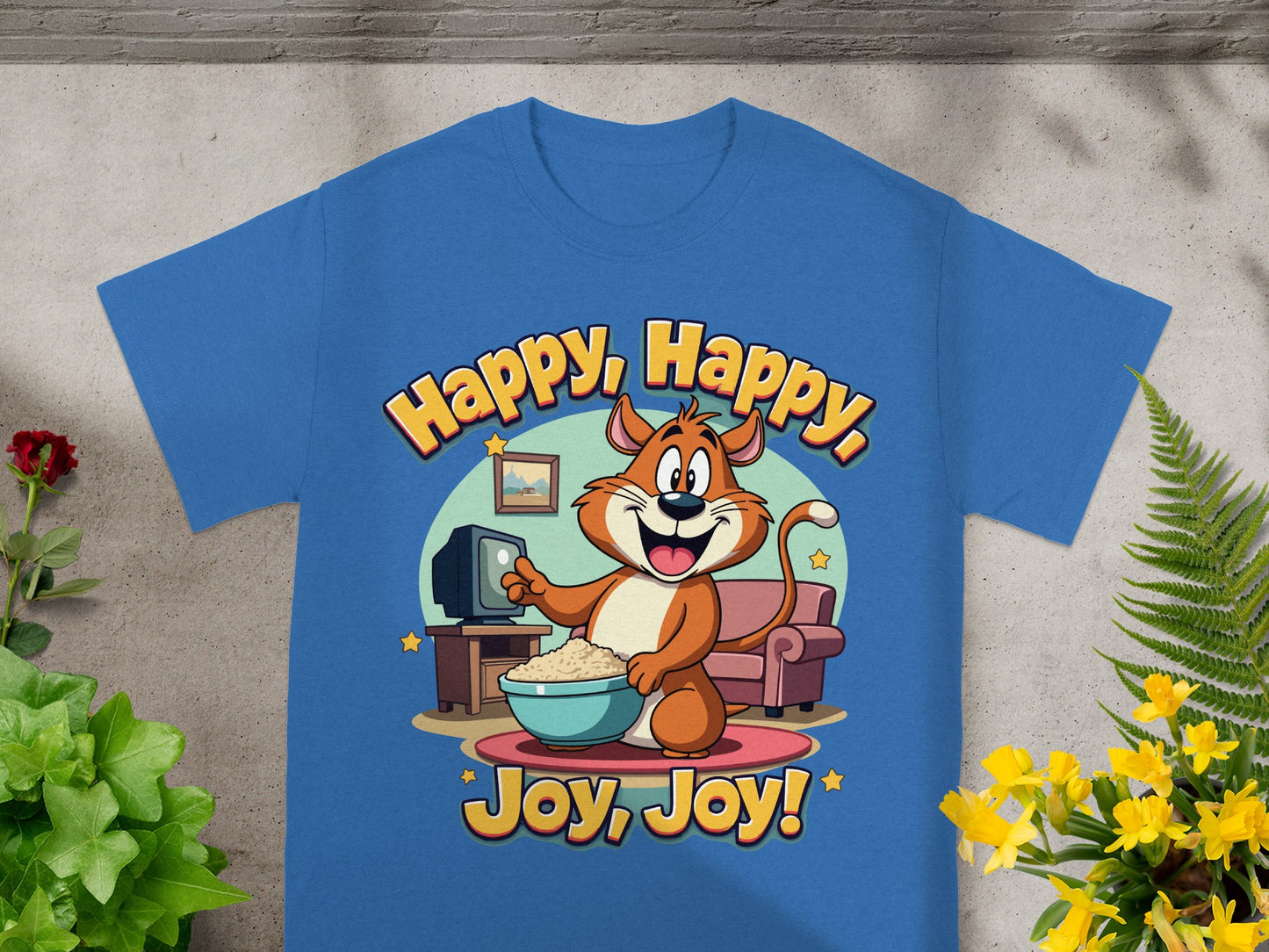 Cartoon cat with popcorn and TV, saying "Happy, Happy, Joy, Joy!"