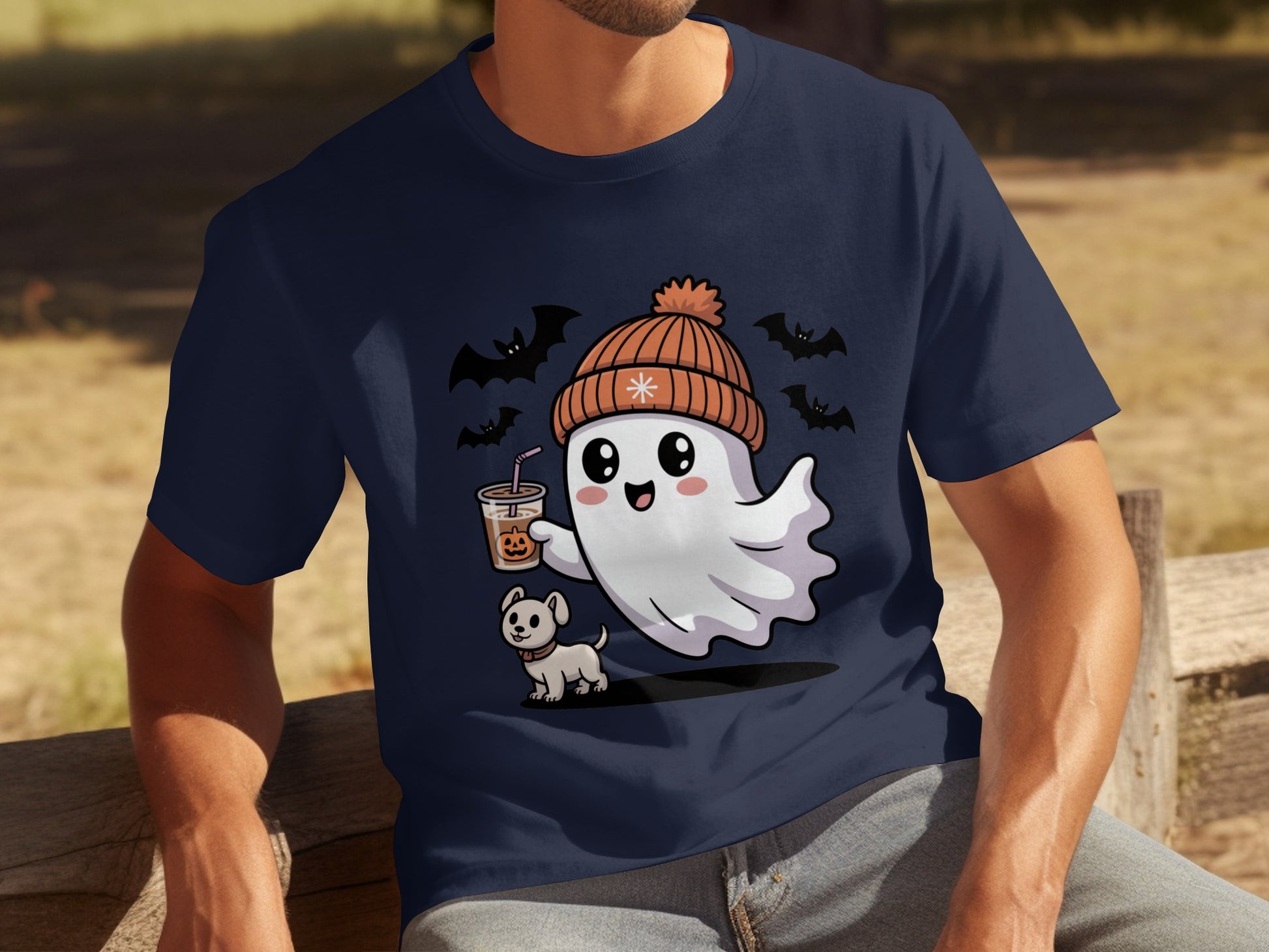 Cute Halloween Ghost with Dog and Bats T-shirt