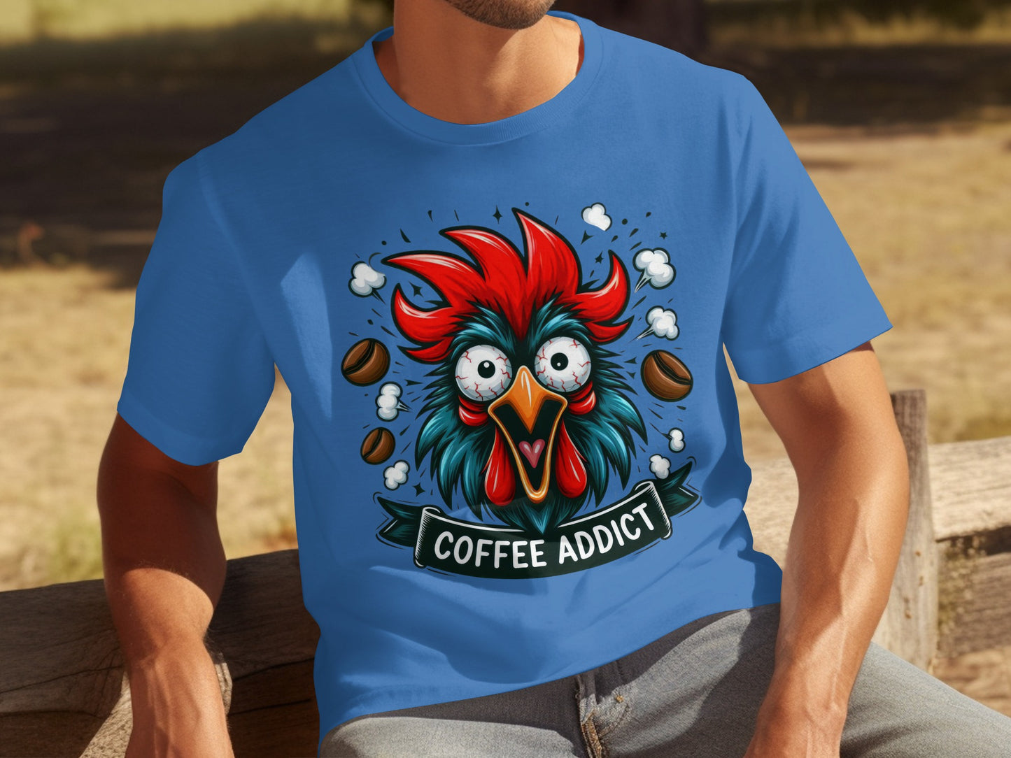 Coffee Addict Rooster Cartoon Graphic T-shirt