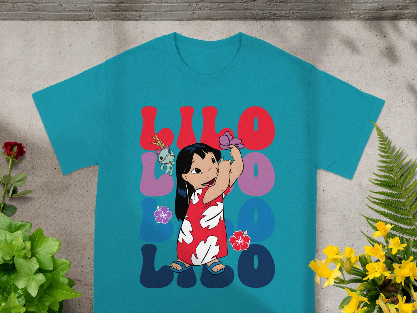 Lilo & Stitch graphic t-shirt with Lilo holding a flower.