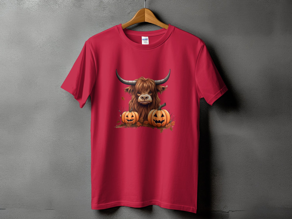 Red t-shirt with Highland cow and pumpkins Halloween graphic.