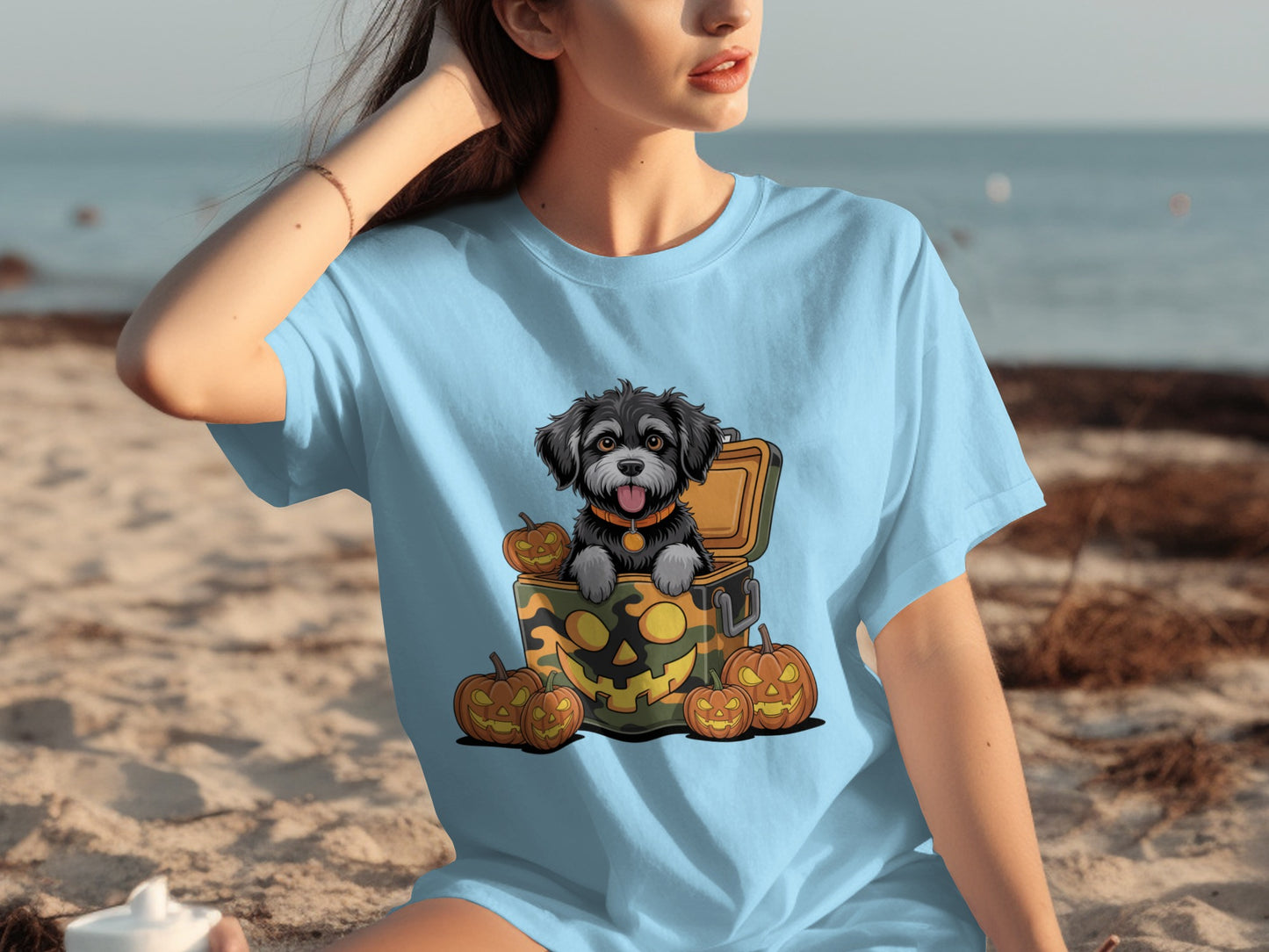 Halloween Dog in Treasure Chest with Pumpkins T-shirt