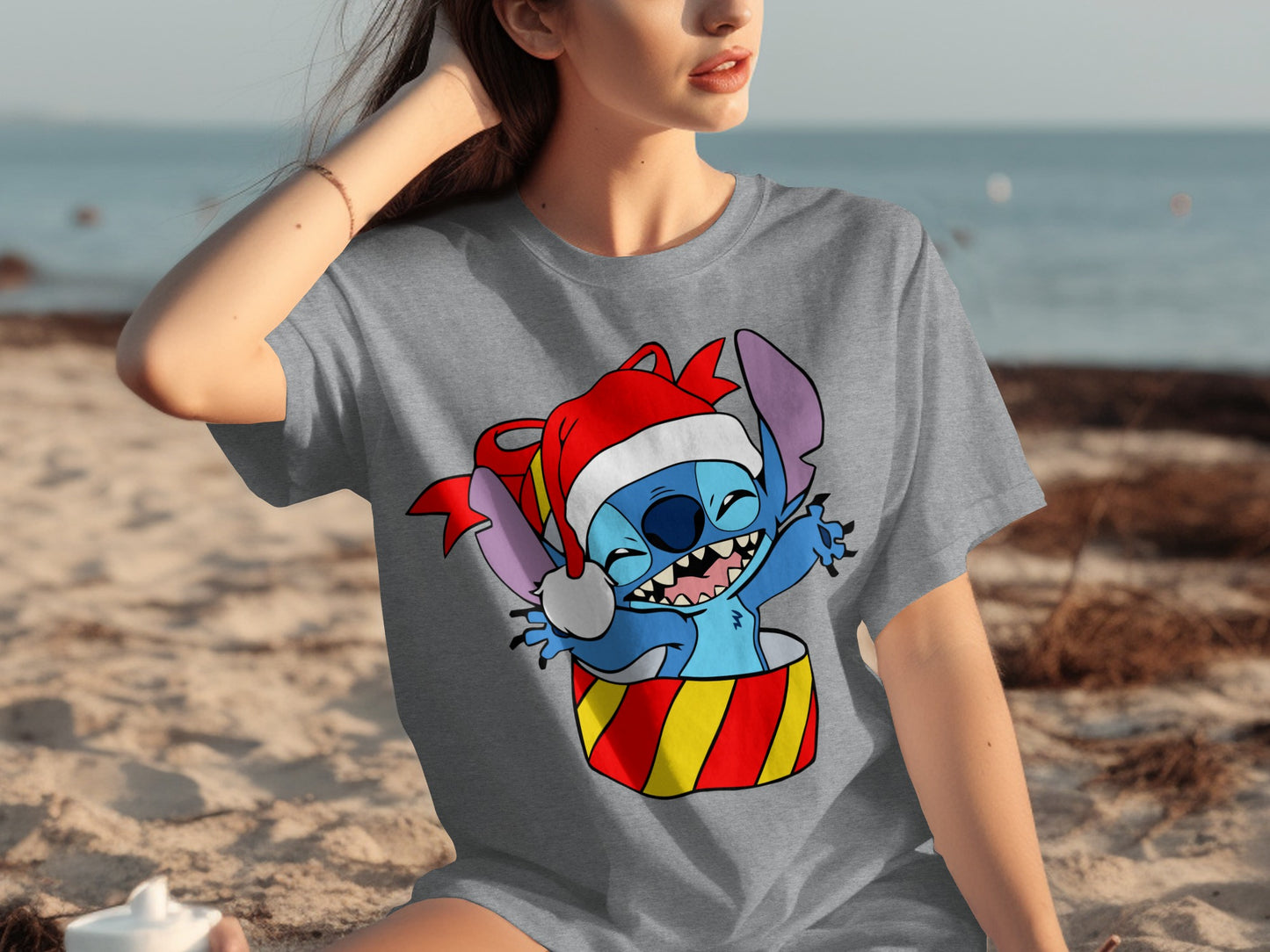 Christmas Stitch Graphic Tee with Santa Hat design