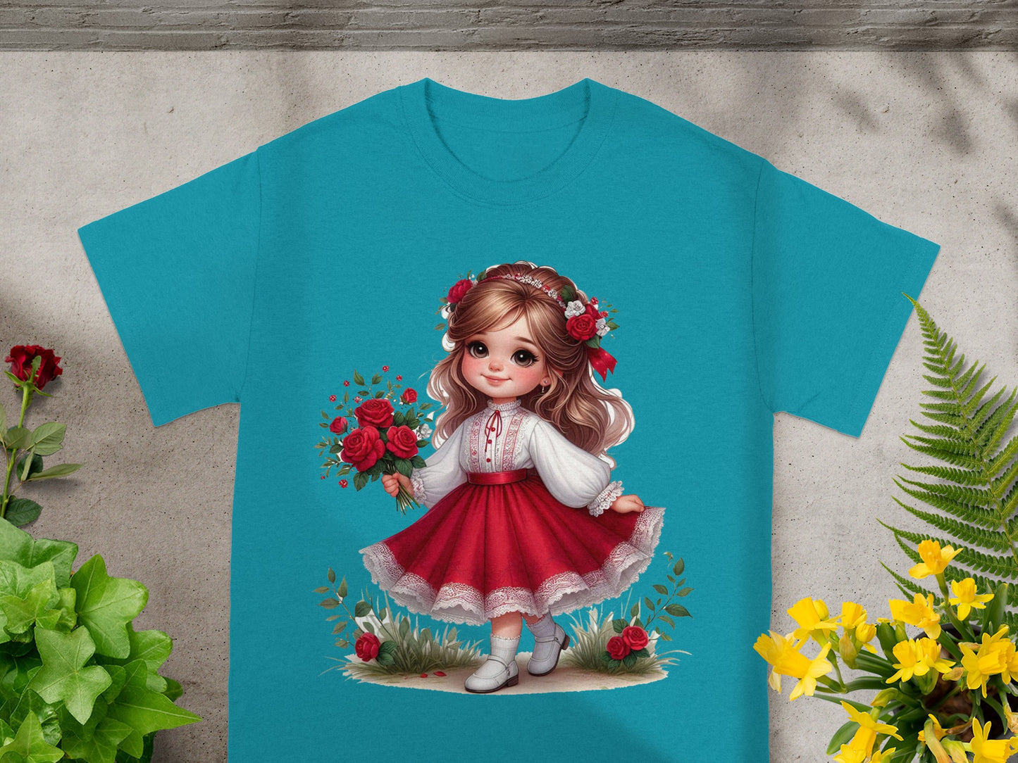 Turquoise t-shirt with graphic of girl in red dress holding roses.