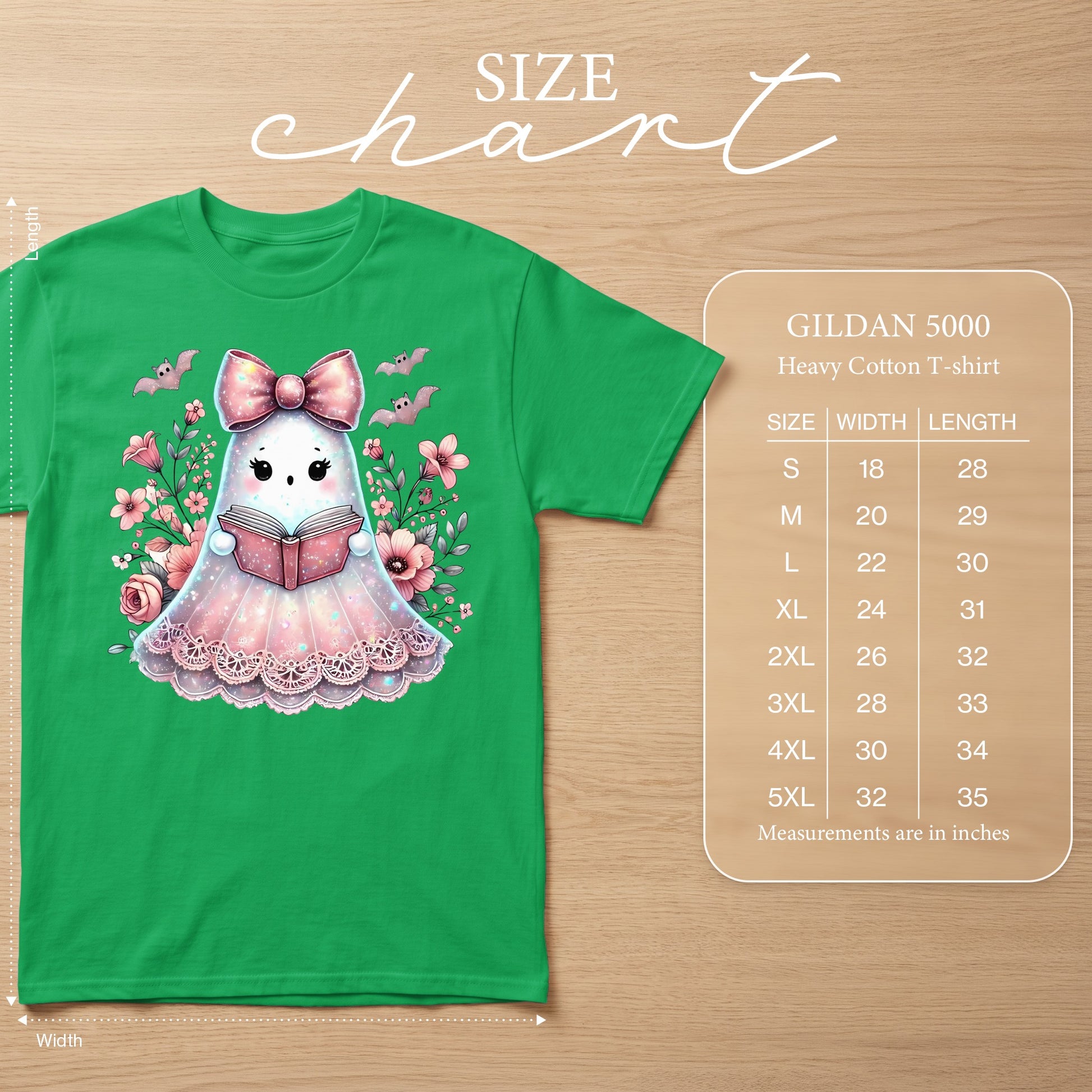 Green t-shirt with a cute ghost reading a book graphic and Gildan 5000 size chart.