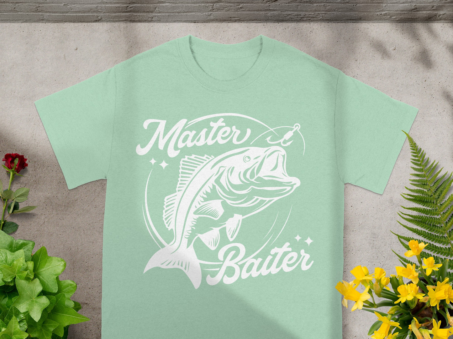 Mint t-shirt with white graphic of a leaping fish and text "Master Baiter".