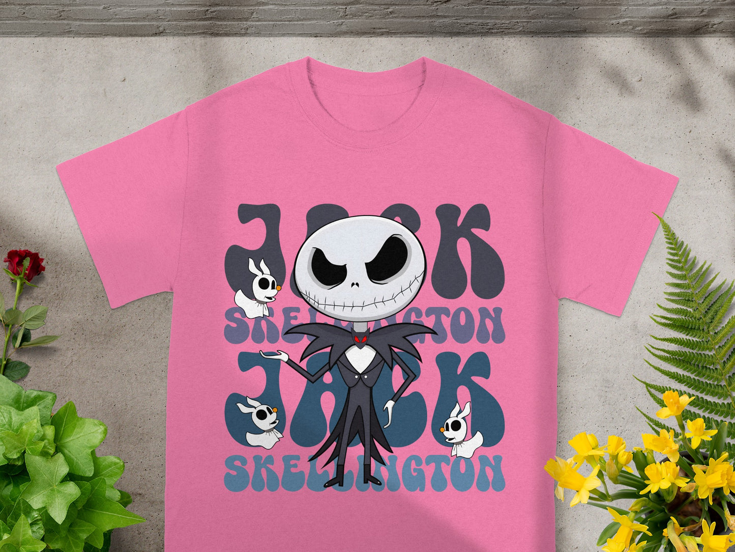 Pink t-shirt with Jack Skellington graphic and "SKELLINGTON" text.
