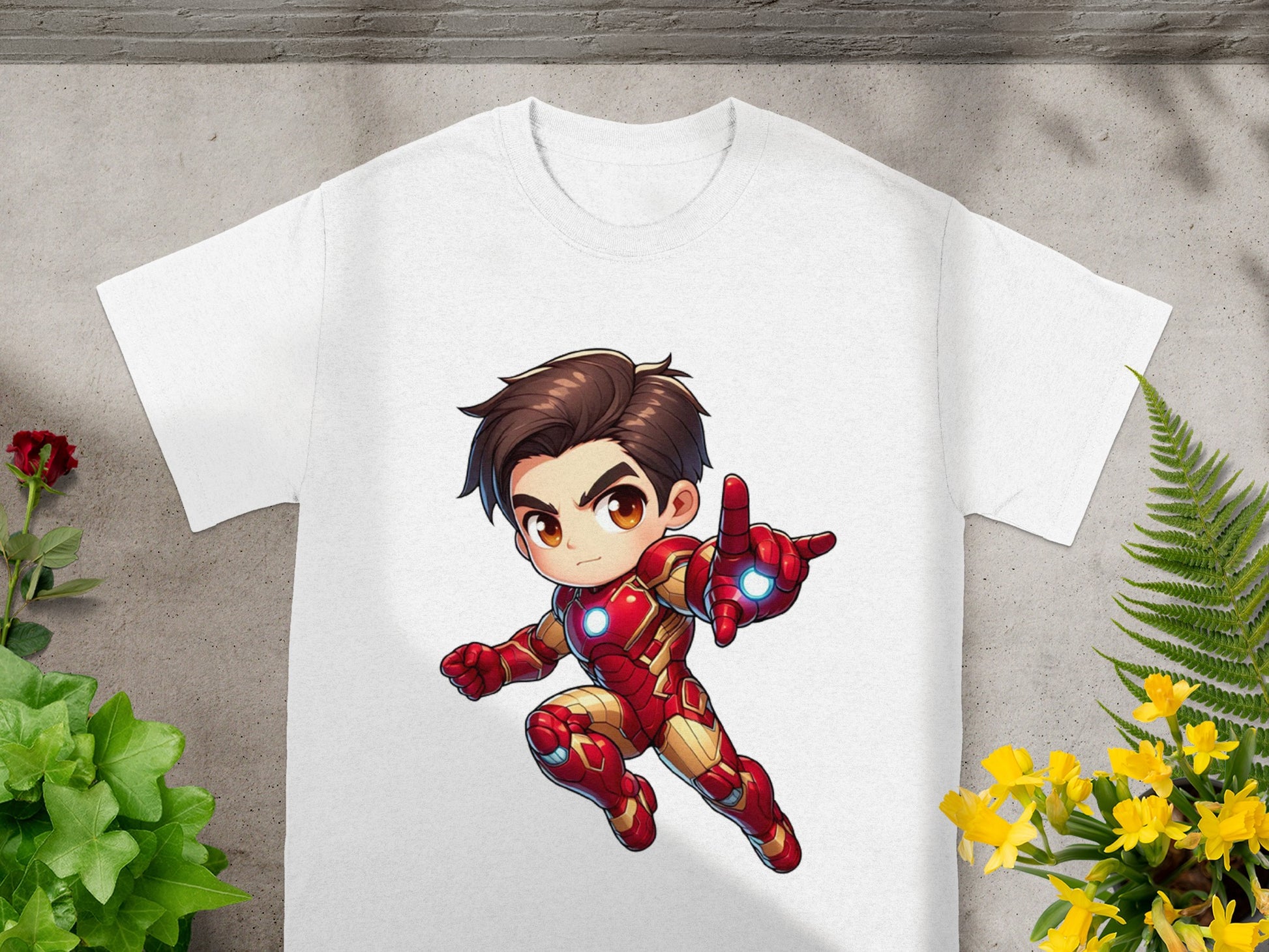 White t-shirt with cartoon Iron Man pointing finger forward.