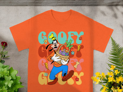 Orange t-shirt with Goofy holding an Easter basket and colorful graphic text.