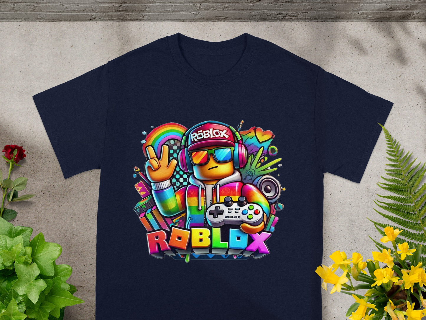 Roblox t-shirt with colorful gaming graphics and logo.
