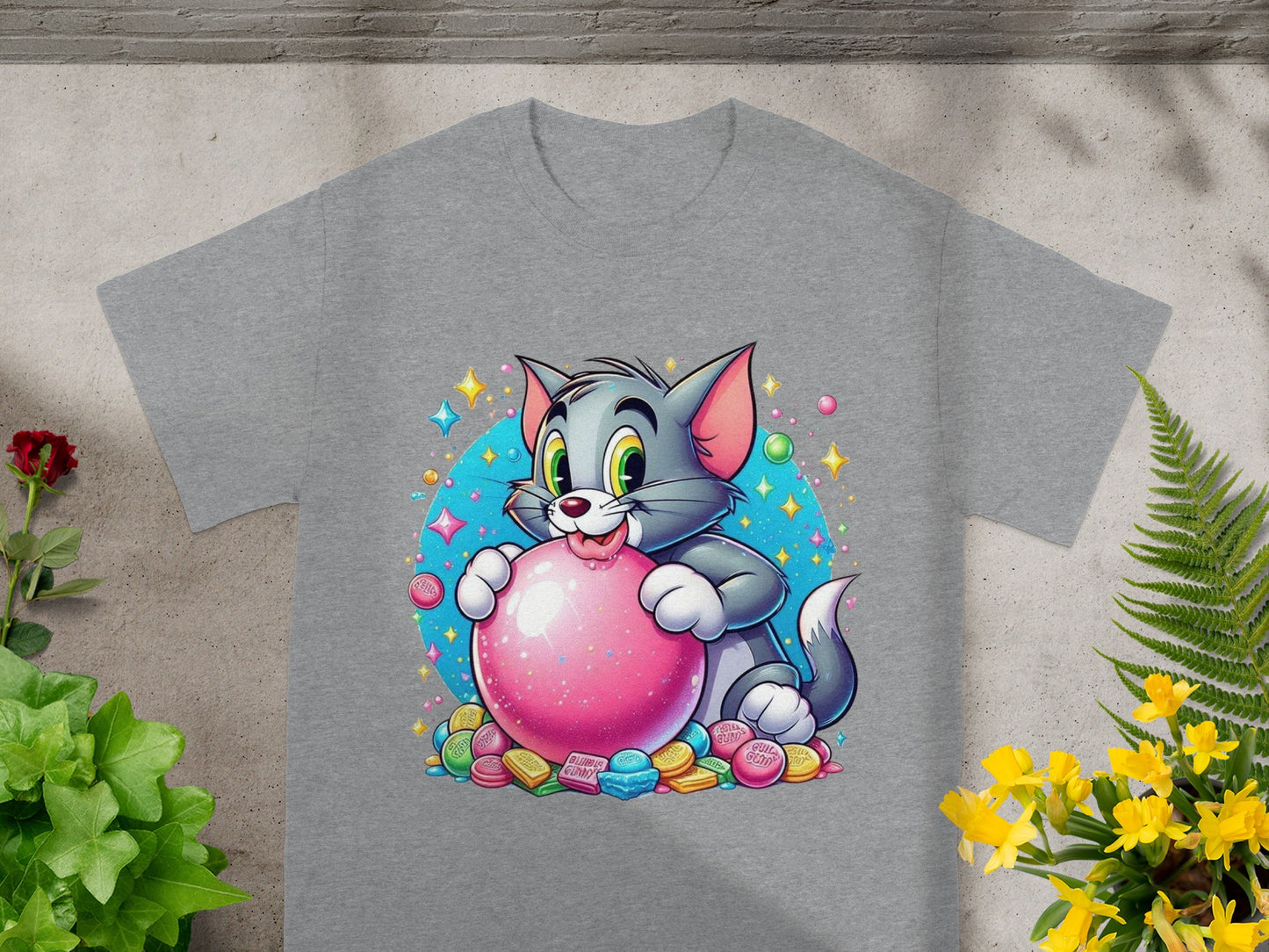 Tom and Jerry t-shirt with cartoon cat holding pink bubblegum.