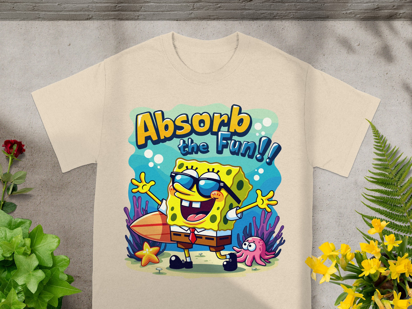 SpongeBob SquarePants with surfboard and octopus, text "Absorb the Fun!".