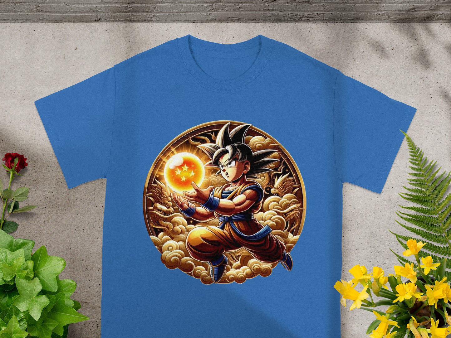 Blue t-shirt with Dragon Ball Z Goku character and energy orb.