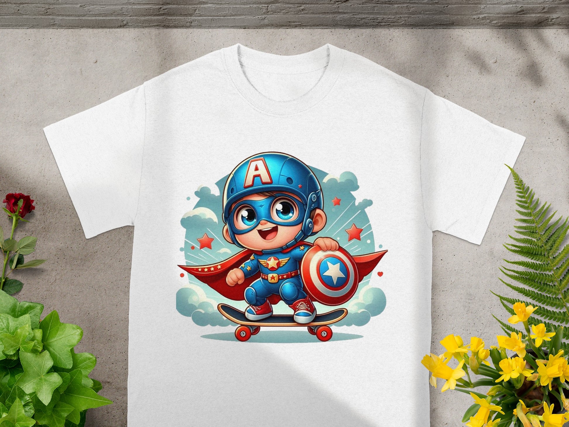 Cartoon superhero child wearing a blue helmet and red cape on a skateboard.