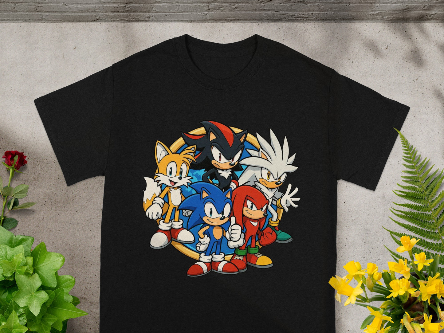 Black t-shirt featuring Sonic, Tails, Knuckles, and Shadow characters.