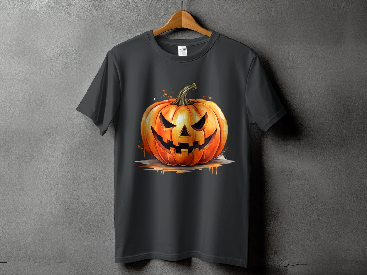 Dark gray t-shirt with a spooky jack-o'-lantern graphic.