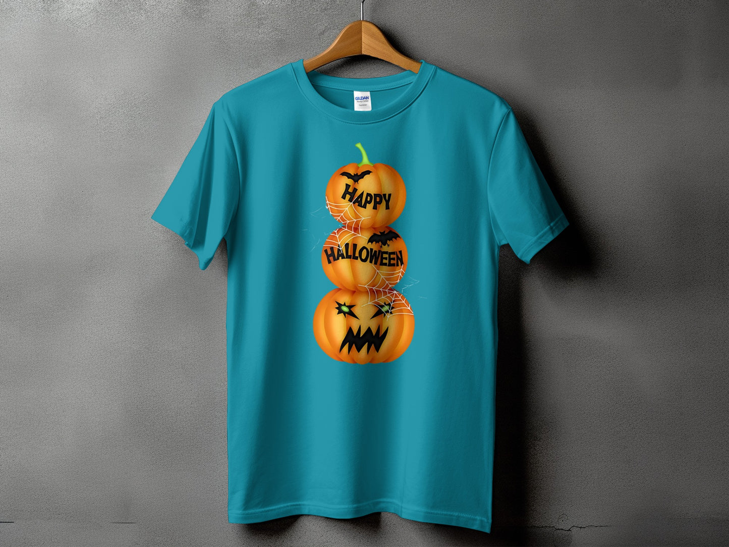 Teal t-shirt with stacked pumpkins and text "Happy Halloween" design.