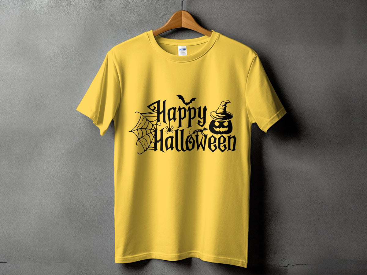 Yellow t-shirt with black "Happy Halloween" text, pumpkin, spider, and bat graphics.