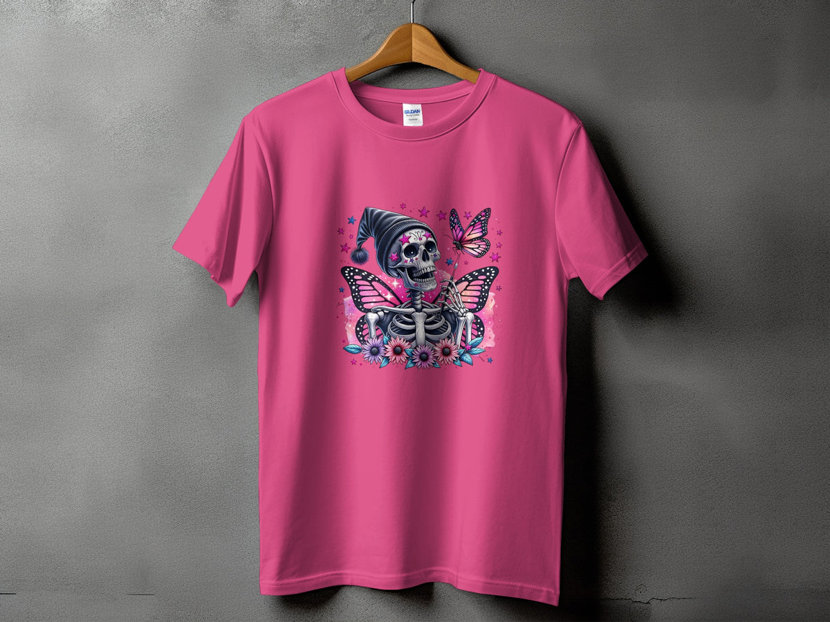 Pink t-shirt with skeleton, butterflies, and floral graphic design.