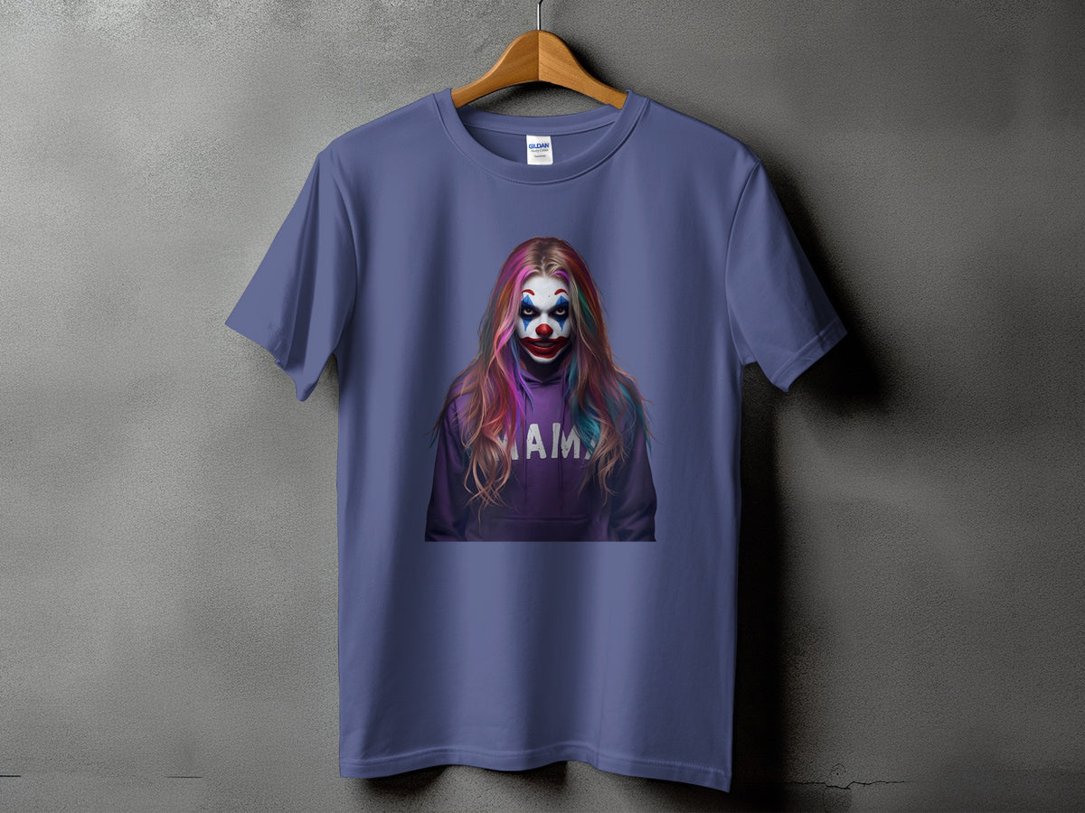 Purple t-shirt with a graphic of a clown with rainbow hair and "MAMA" text.