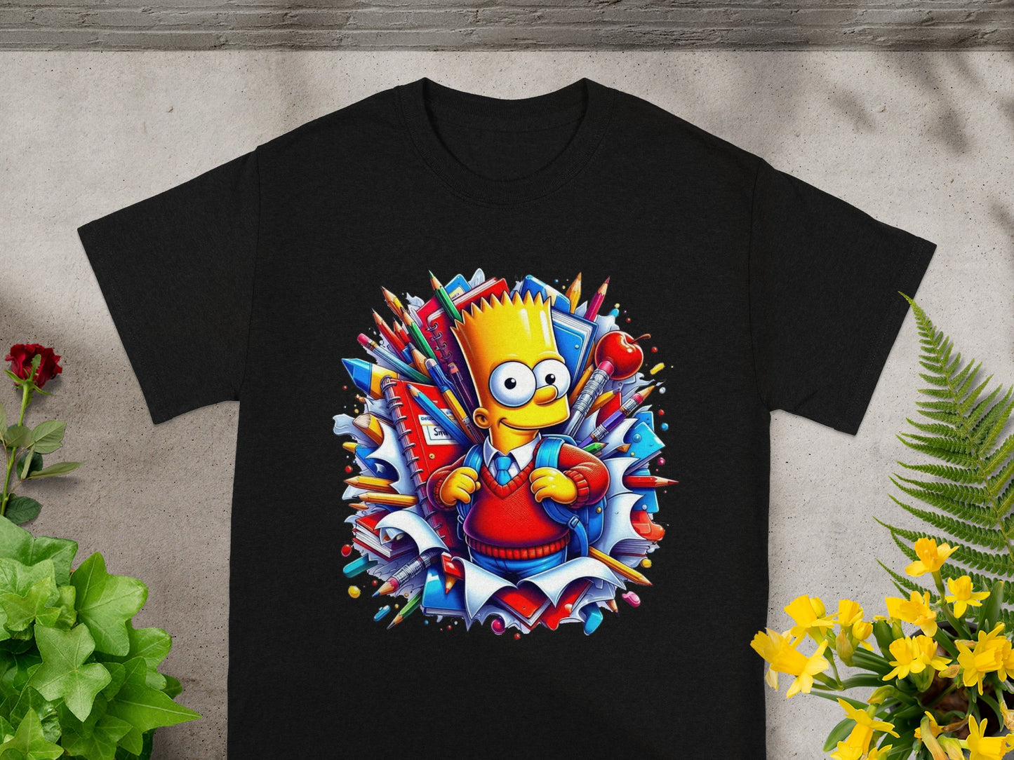 Bart Simpson wearing a backpack surrounded by school supplies.