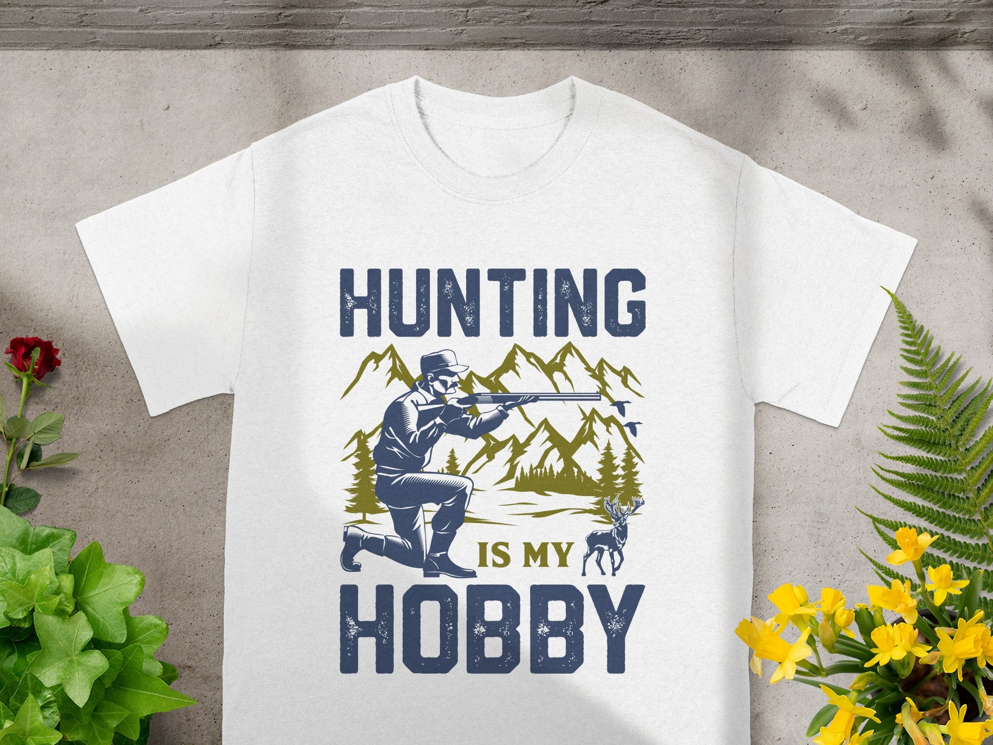 White t-shirt with "HUNTING IS MY HOBBY" text and hunting graphic.