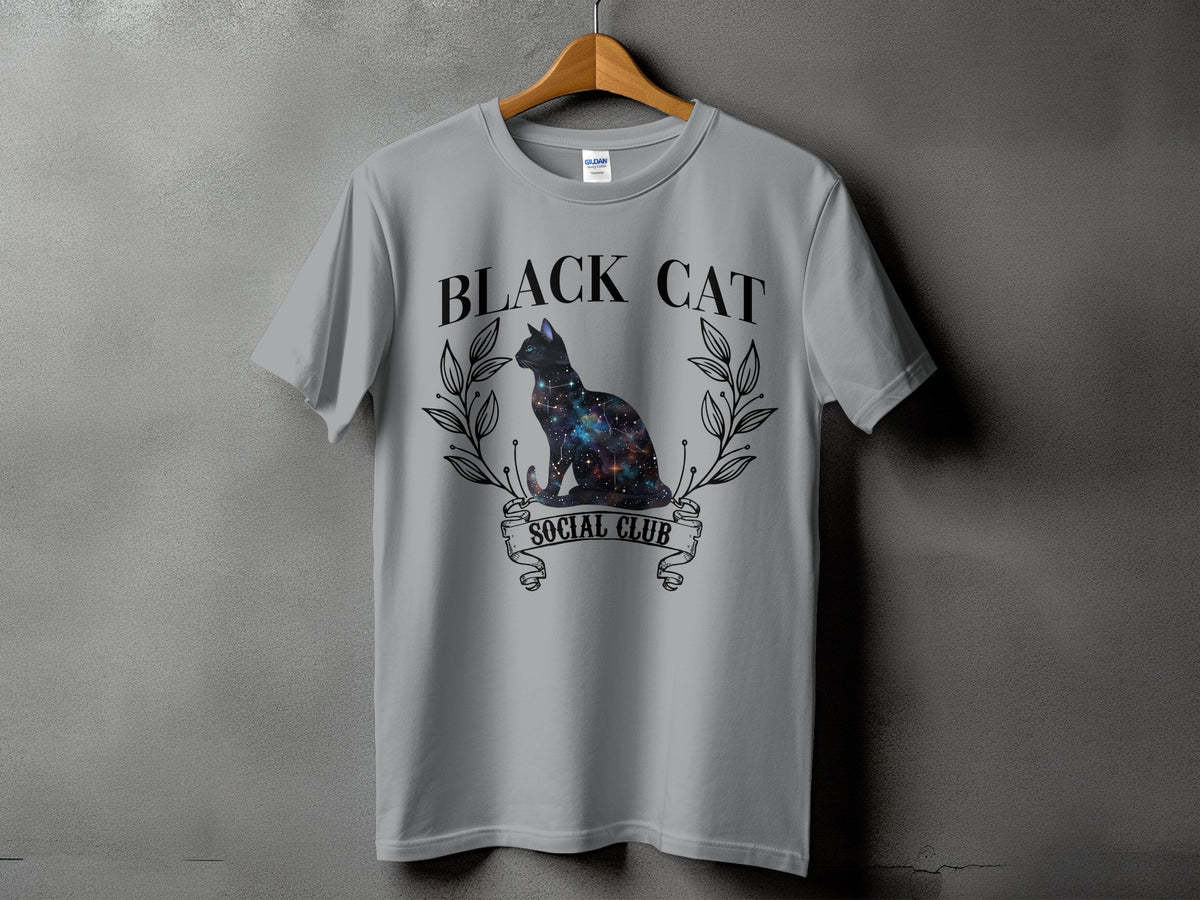 Grey t-shirt with "BLACK CAT SOCIAL CLUB" text and a galaxy-filled cat.