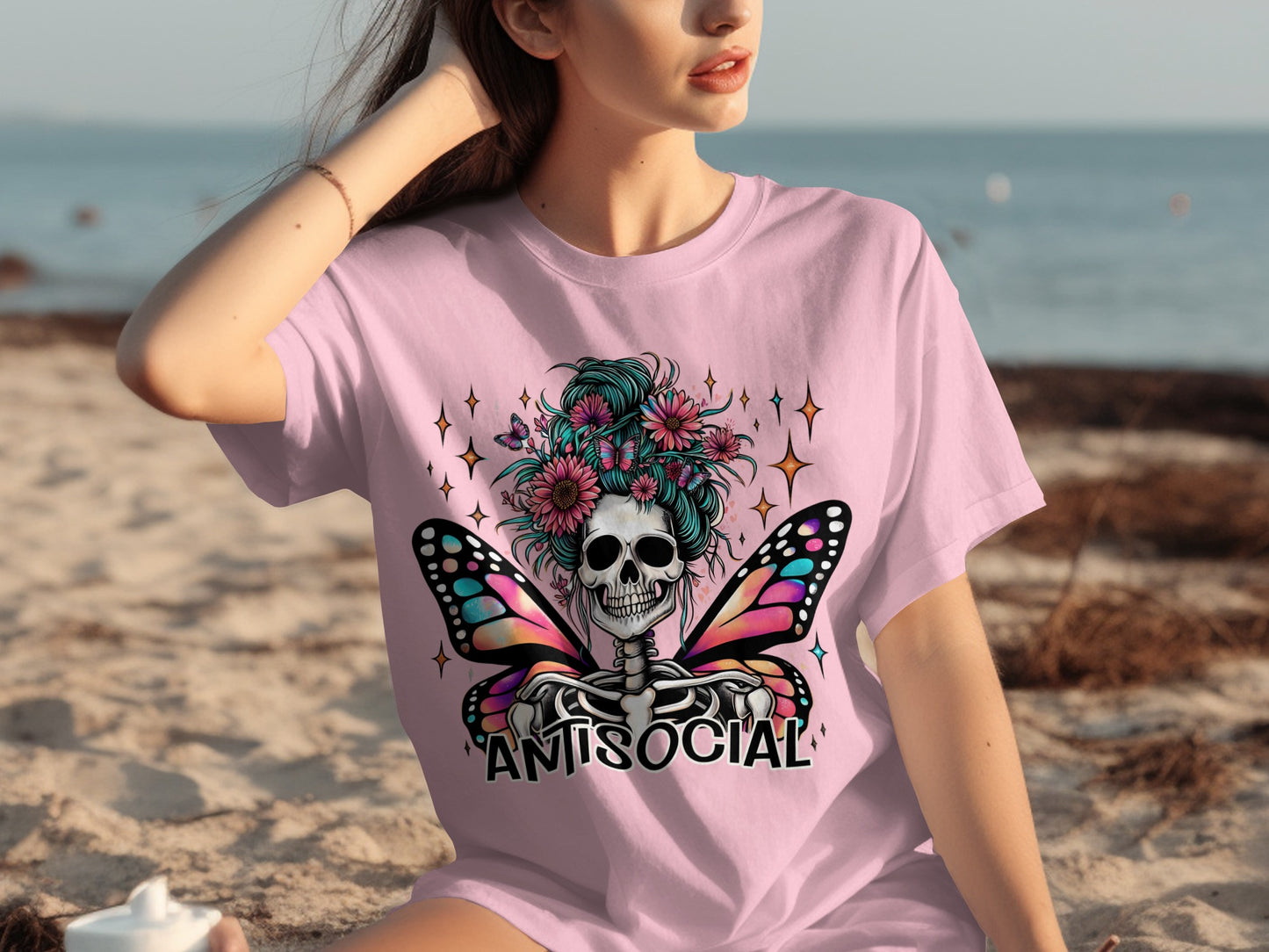 Antisocial Skeleton with Flowers and Butterfly Shirt