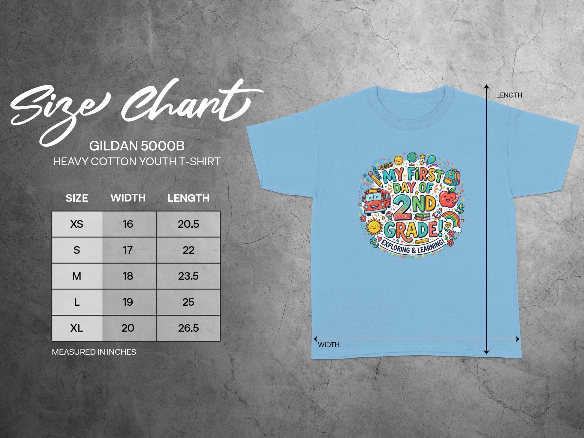 Gildan 5000B youth t-shirt size chart with width and length measurements.