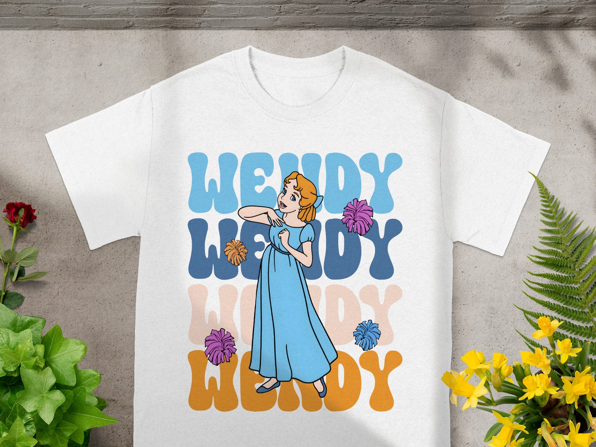 White t-shirt with Wendy and colorful retro text.