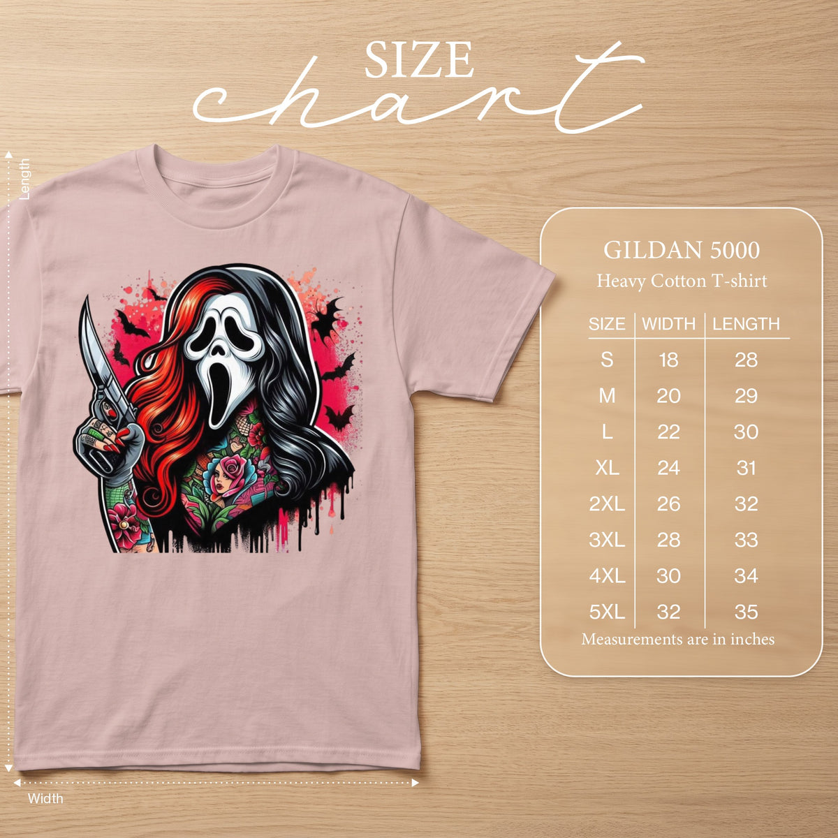 Pink t-shirt featuring a screaming ghost mask with tattoos and a knife. Includes size chart.