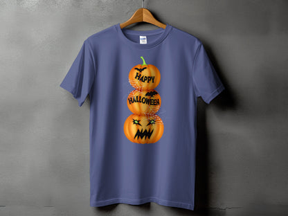 T-shirt with stacked jack-o'-lanterns, bats, spiders, and "Happy Halloween" text.