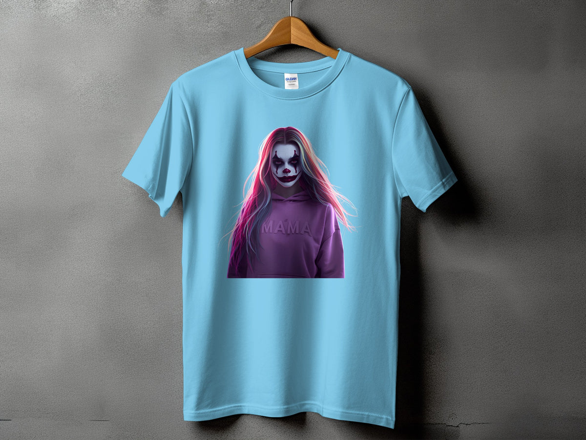 Light blue t-shirt featuring a stylized clown portrait with pink and purple hair.