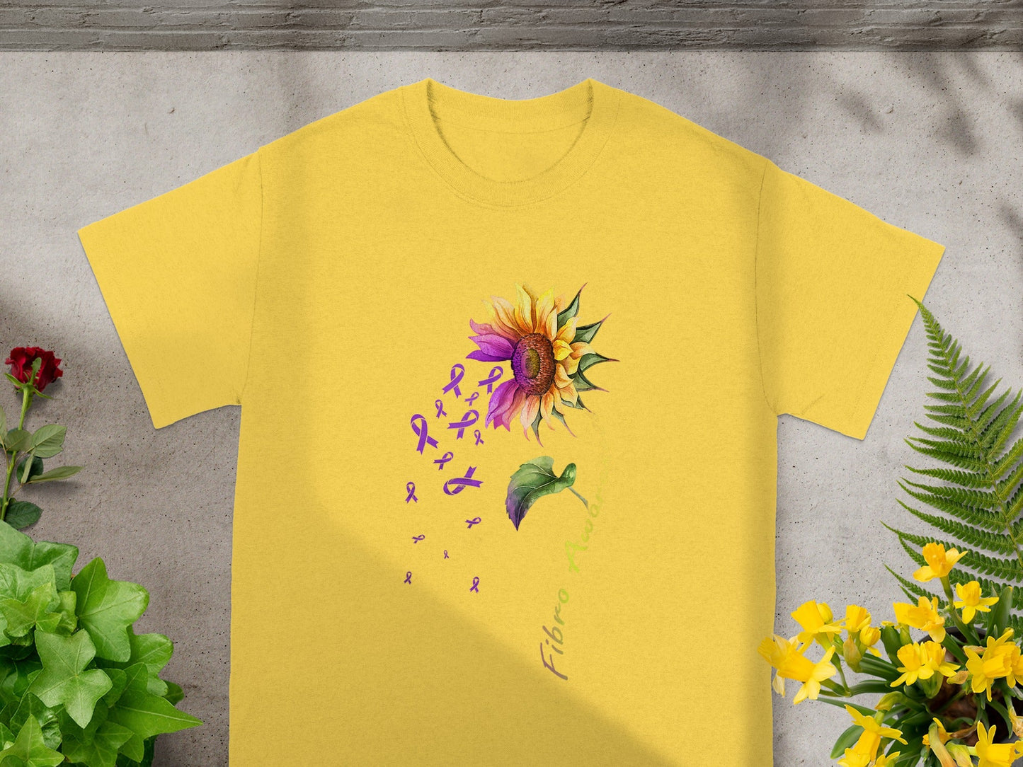 Yellow T-Shirt with Sunflower and Purple Ribbons Design