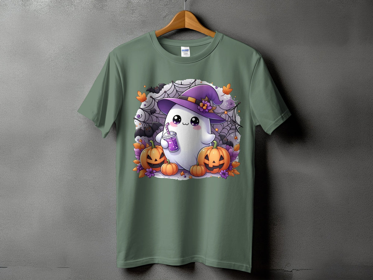 Cute ghost wearing a hat with pumpkins, bats, and spiderwebs.
