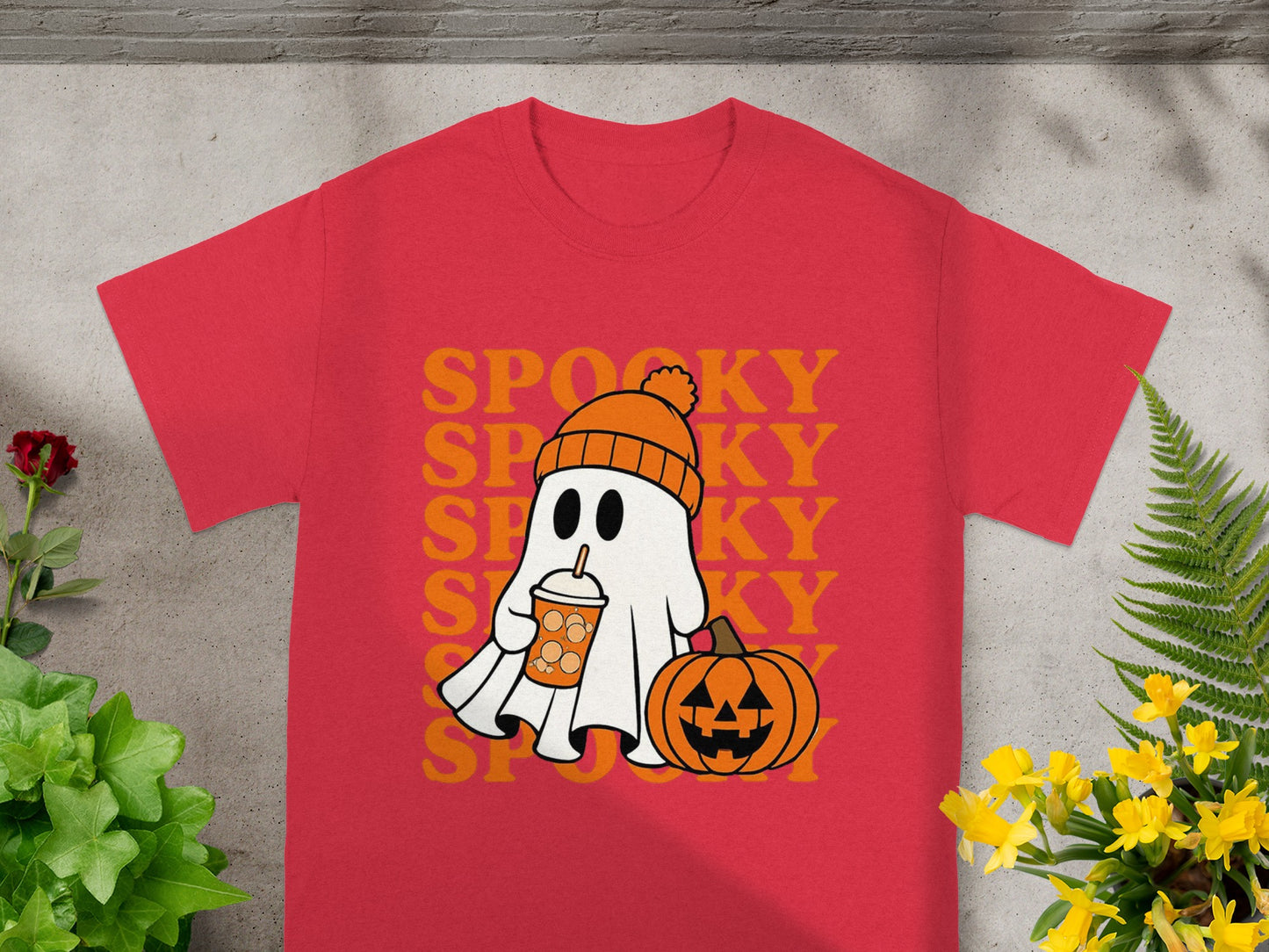 Red t-shirt with a spooky ghost, pumpkin, and "SPOOKY" text.