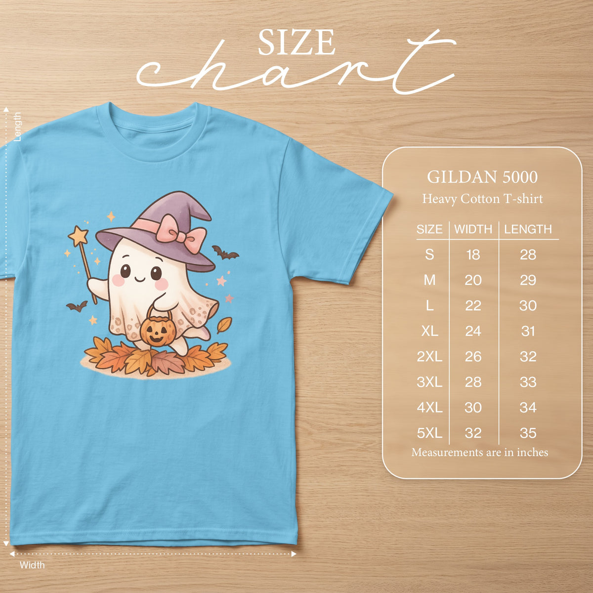 GILDAN 5000 Heavy Cotton T-shirt size chart with measurements in inches.