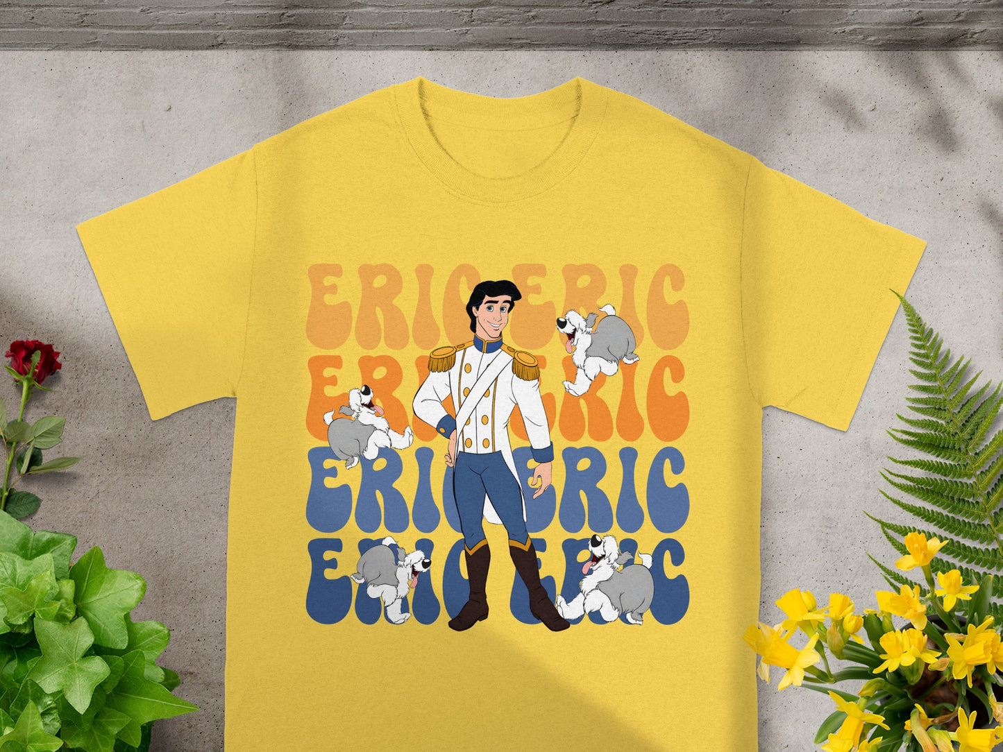 Yellow t-shirt with Prince Eric and Max the dog graphic and "Eric Eric" text.